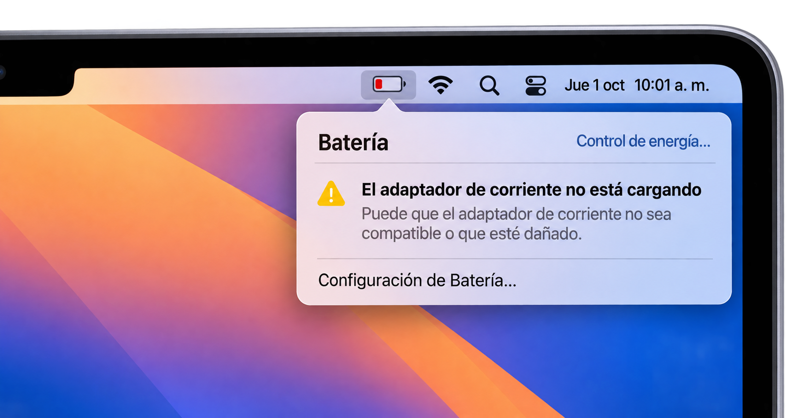 Mac mostrando advertencia de adaptador de corriente no cargando