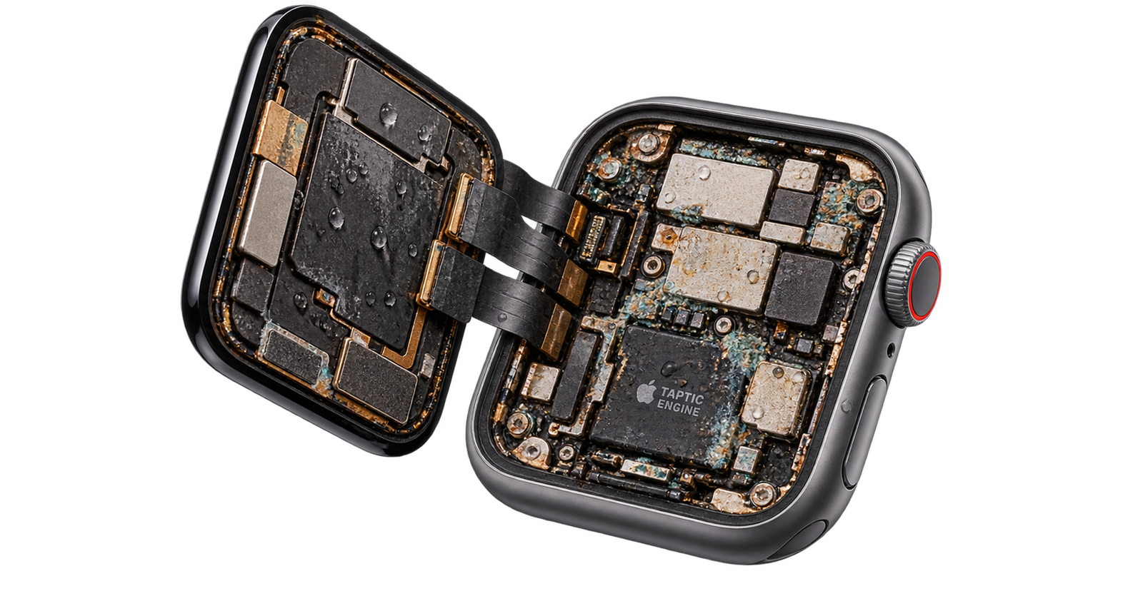 Apple Watch abierto con daño por líquidos y corrosión